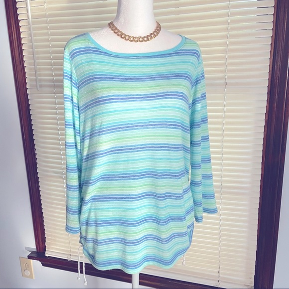 Talbots Striped Turquoise Blue Ruched 3/4 Sleeve - Picture 6 of 8